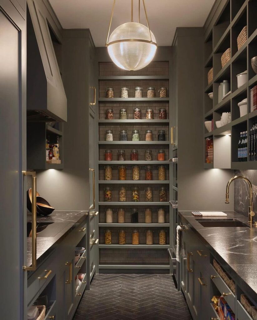 A neatly organized pantry with shelves stocked with cans, jars, and other food items.